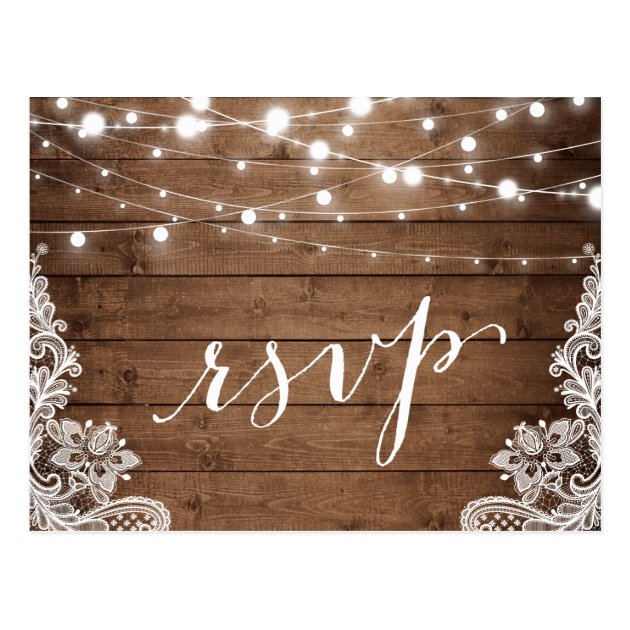 String Lights Rustic Wood Lace Wedding RSVP Reply Postcard