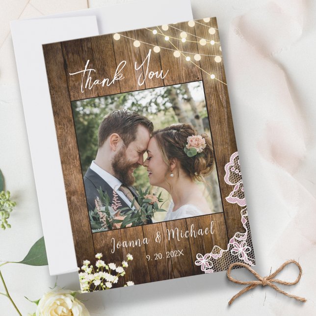 String Lights Rustic Wood & Lace Wedding Thank You Card (Creator Uploaded)