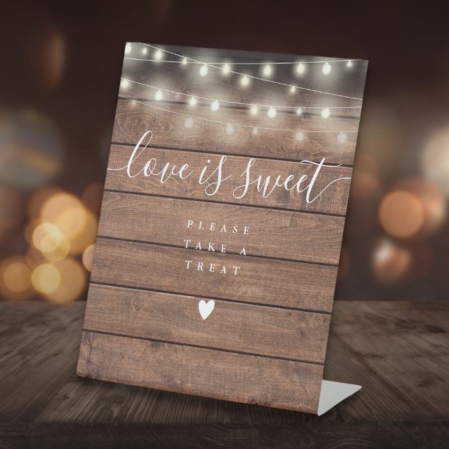 String Lights Rustic Wood Love Is Sweet Favor  Pedestal Sign (String Lights Rustic Wood Love Is Sweet Favor Pedestal Sign)