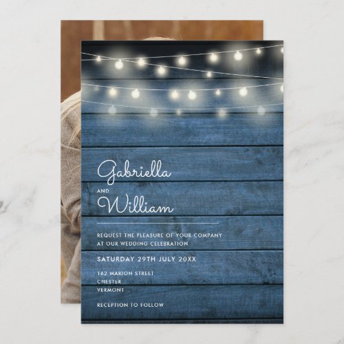 String Lights Rustic Wood Navy Blue Photo Wedding Invitation