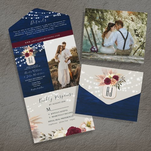 String Lights Rustic Wood Navy Blue Wedding All In One Invitation
