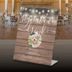 String Lights Rustic Wood Pet Signature Drink Pedestal Sign