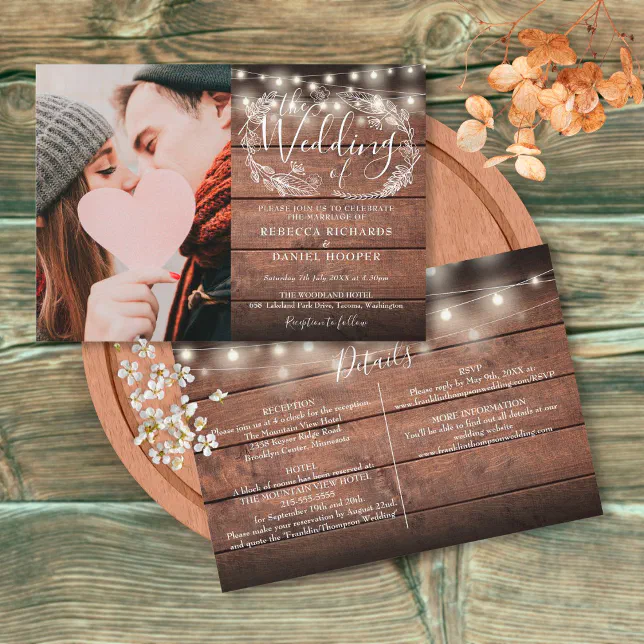 String Lights Rustic Wood Photo All In One Wedding Invitation | Zazzle