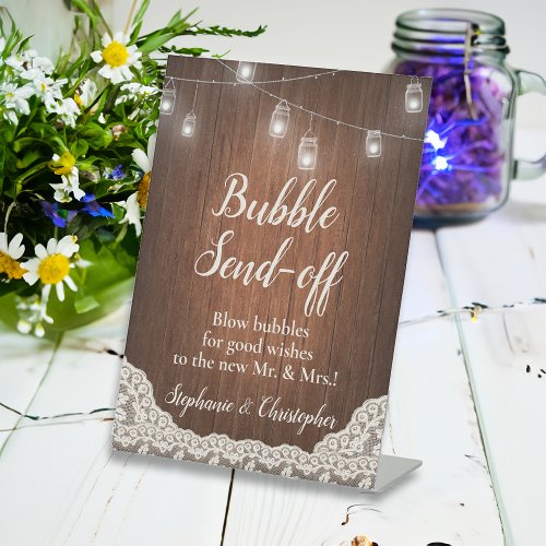 String Lights Rustic Wood Script Bubble Send_Off Pedestal Sign