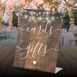 String Lights Rustic Wood Script Cards And Gifts Pedestal Sign