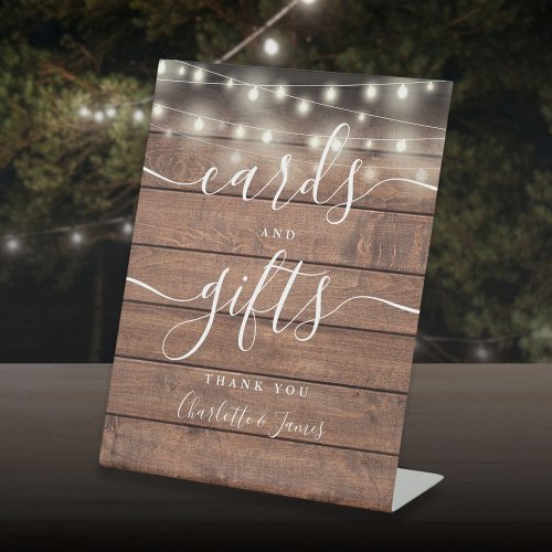 String Lights Rustic Wood Script Cards And Gifts Pedestal Sign