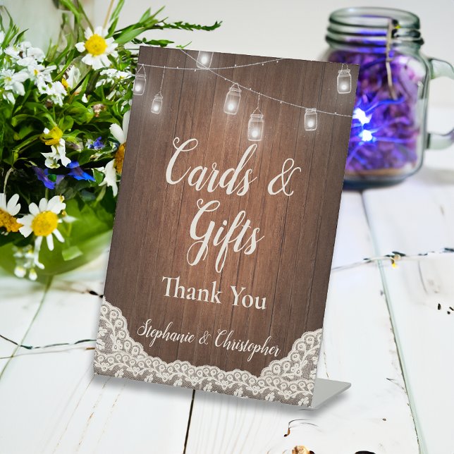String Lights Rustic Wood Script Cards Gifts Pedestal Sign (cards and gifts vintage wedding sign)