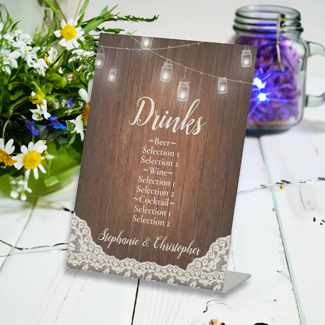 String Lights Rustic Wood Script Drinks Menu Pedestal Sign | Zazzle