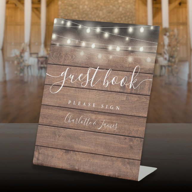 String Lights Rustic Wood Script Guest Book Pedestal Sign (String Lights Rustic Wood Script Guest Book Pedestal Sign)