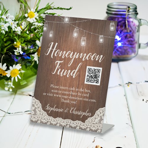 String Lights Rustic Wood Script Honeymoon Fund Pedestal Sign