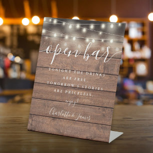String Lights Rustic Wood Script Open Bar Pedestal Sign