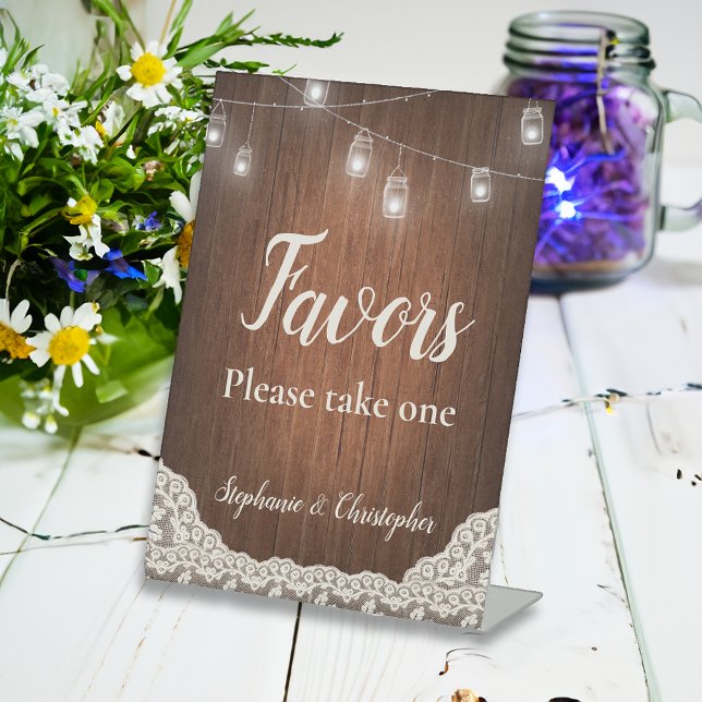 String Lights Rustic Wood Script Wedding Favors Pedestal Sign (wedding favors sign
)