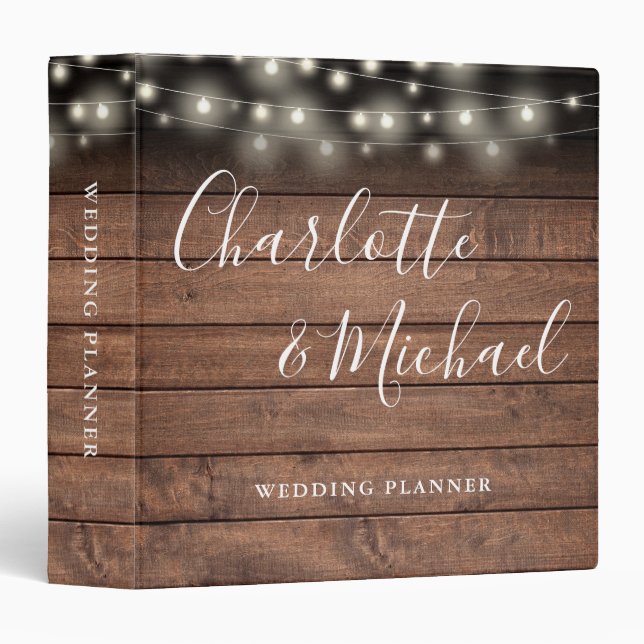 String Lights Rustic Wood Script Wedding Planner 3 Ring Binder (Front/Spine)