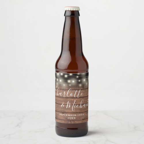 String Lights Rustic Wood Signature Script Wedding Beer Bottle Label