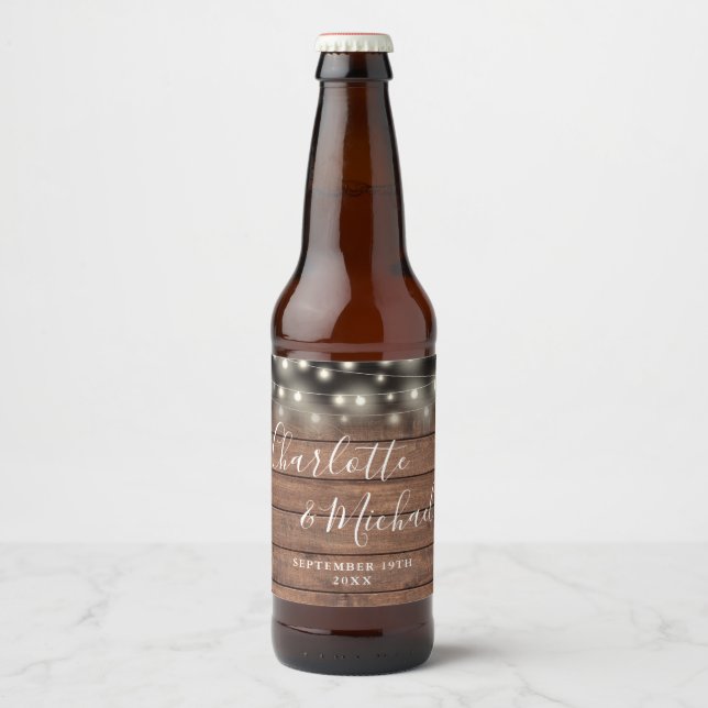 String Lights Rustic Wood Signature Script Wedding Beer Bottle Label (Front)