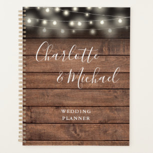 String Lights Rustic Wood Signature Script Wedding Planner