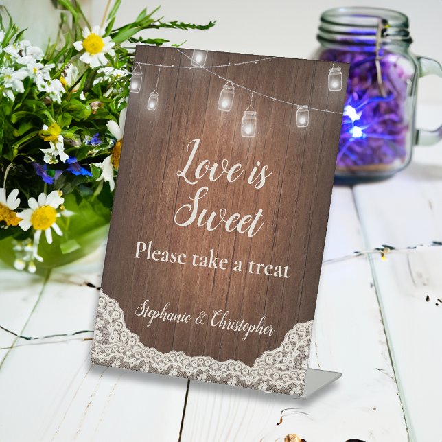 String Lights Rustic Wood Take a Treat Favor Pedestal Sign (vintage wedding table sign)