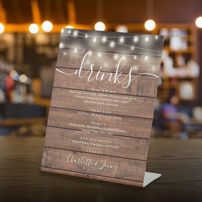String Lights Rustic Wood Wedding Drinks Menu  Pedestal Sign (String Lights Rustic Wood Wedding Drinks Menu Pedestal Sign)
