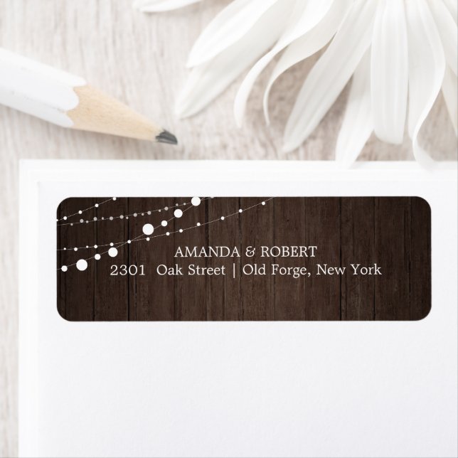 String Lights Rustic Wood Wedding Label (Insitu)