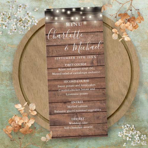 String Lights Rustic Wood Wedding Menu