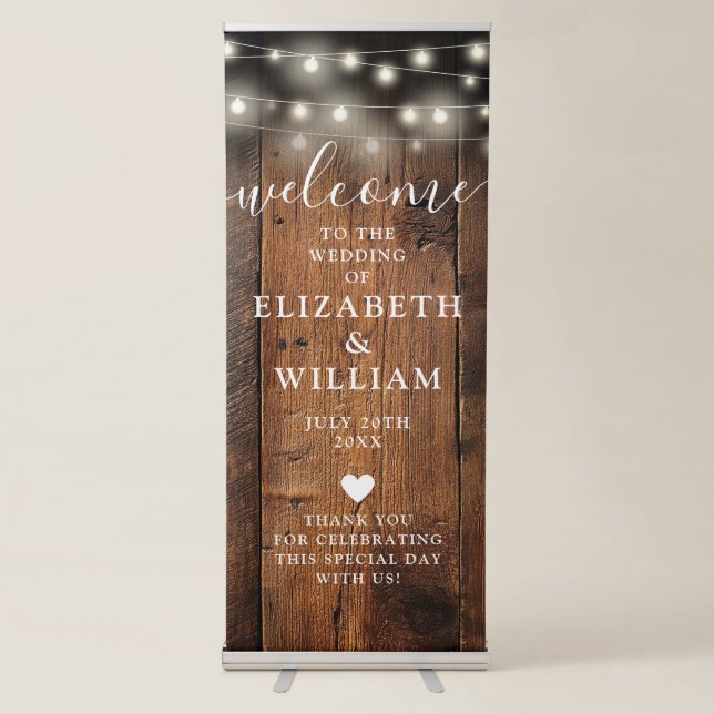 String Lights Rustic Wood Wedding Retractable Banner (Front)