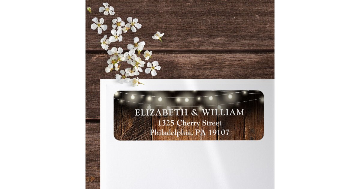 String Lights Rustic Wood Wedding return Address Label | Zazzle