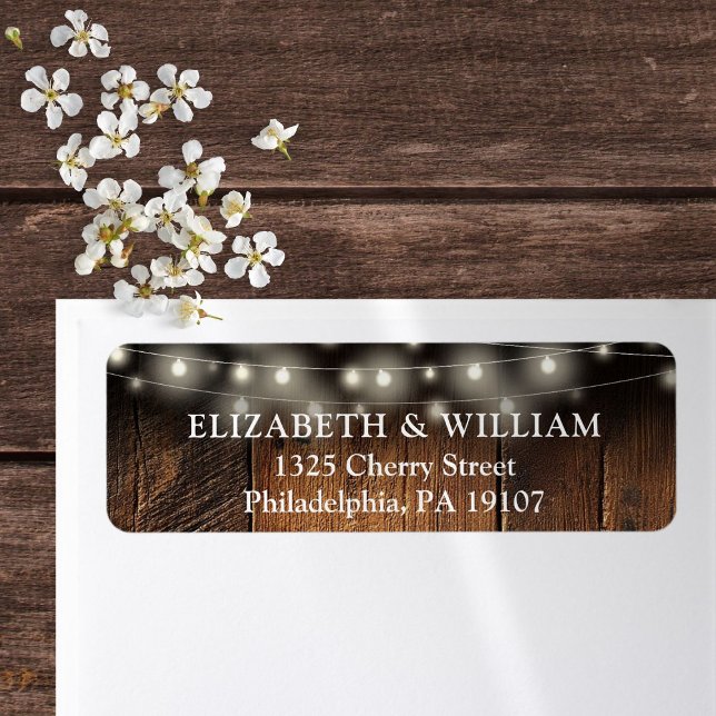 String Lights Rustic Wood Wedding Return Address Label (String Lights Rustic Wood Wedding return Address Label)