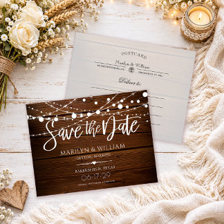 String Lights Rustic Wood Wedding Save The Date Announcement Postcard