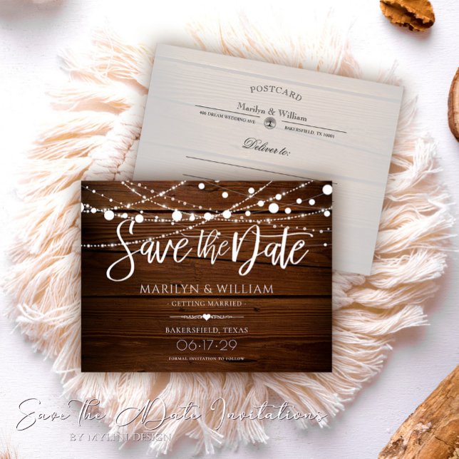 String Lights Rustic Wood Wedding Save The Date Announcement Postcard (Creator Uploaded)
