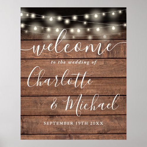 String Lights Rustic Wood Wedding Welcome Sign
