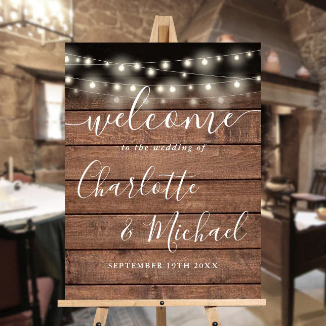 String Lights Rustic Wood Wedding Welcome Sign | Zazzle