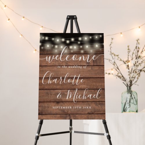 String Lights Rustic Wood Wedding Welcome Sign