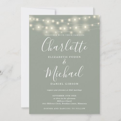 String Lights Sage Green All In One Simple Wedding Invitation