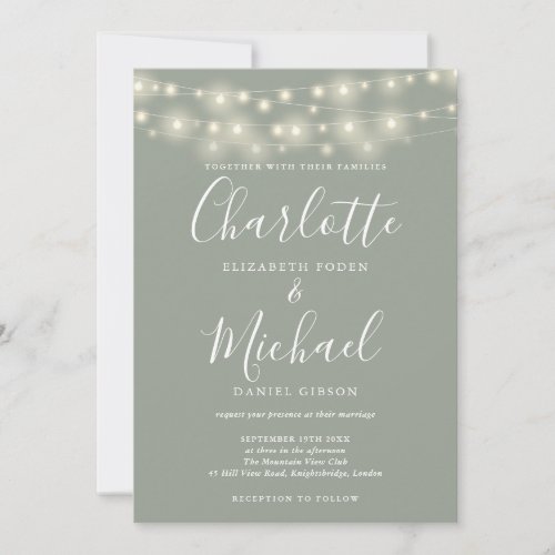 String Lights Sage Green Elegant Script Wedding  Invitation