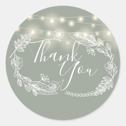 String Lights Sage Green Floral Thank You Classic Round Sticker