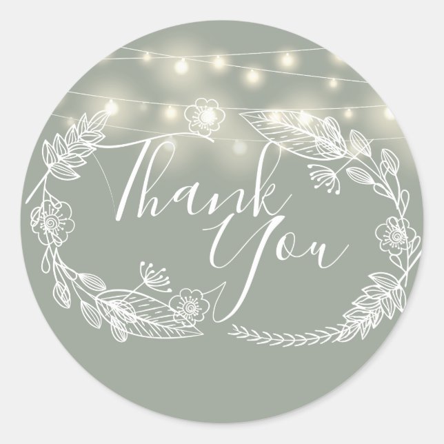 String Lights Sage Green Floral Thank You Classic Round Sticker (Front)