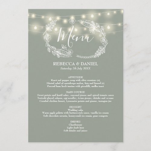 String Lights Sage Green Floral Wedding Menu