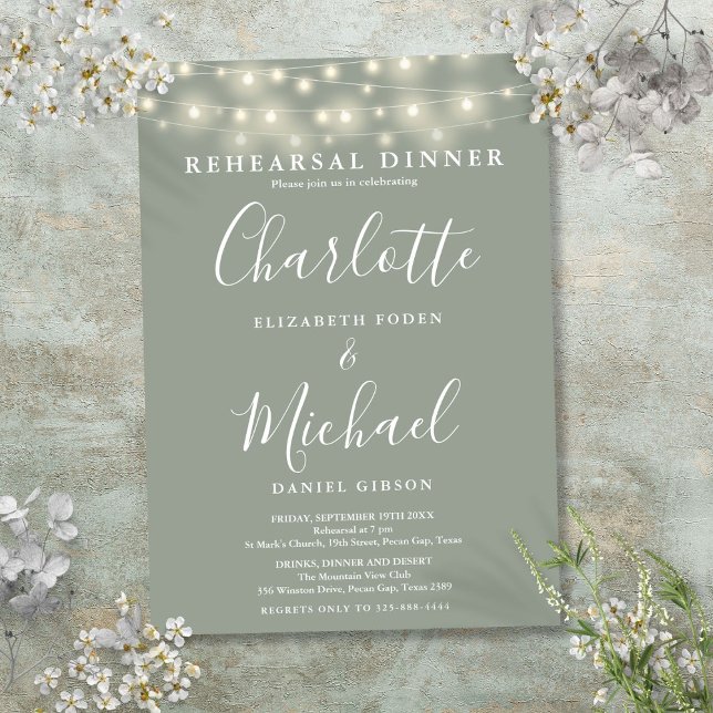 String Lights Sage Green Script Rehearsal Dinner Invitation (String Lights Sage Green Script Rehearsal Dinner Invitation)
