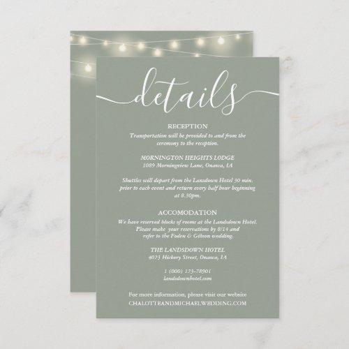 String Lights Sage Green Wedding Details Enclosure Card