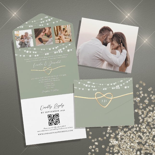 String Lights Sage Green Wedding QR Code All In One Invitation (Creator Uploaded)