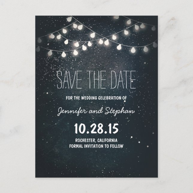 string lights save the date with starry night sky announcement postcard (Front)
