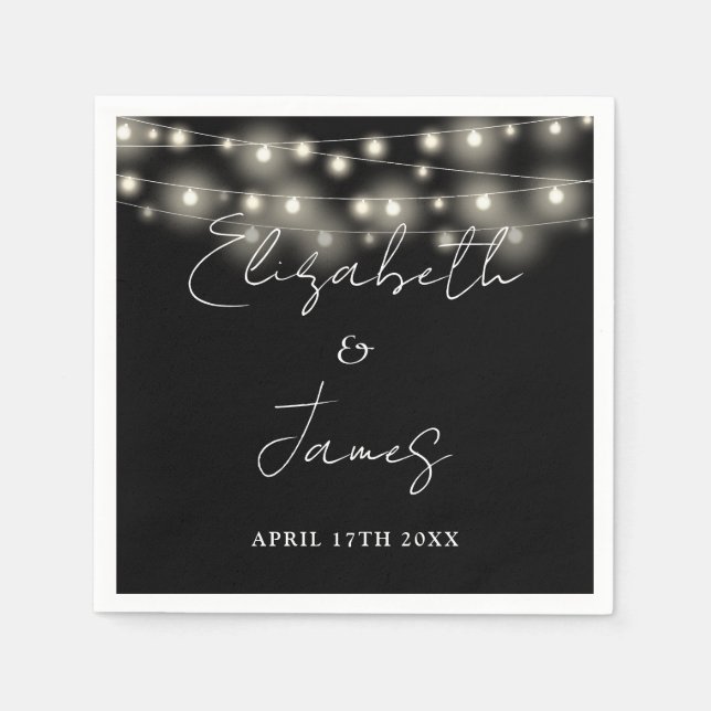 String Lights Script Black And White Wedding Napkins (Front)