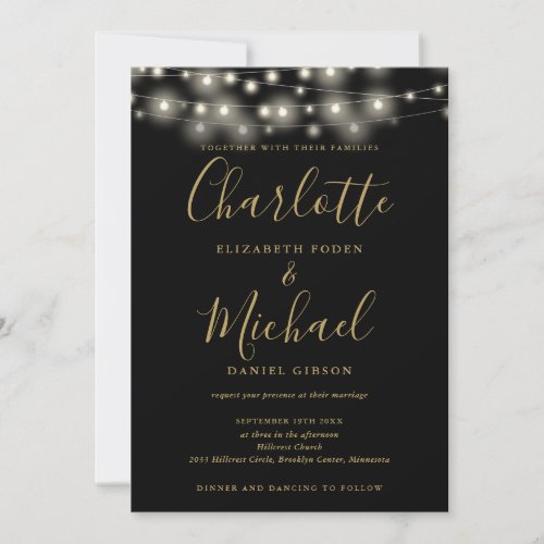 String Lights Script Black Gold QR Code Wedding Invitation