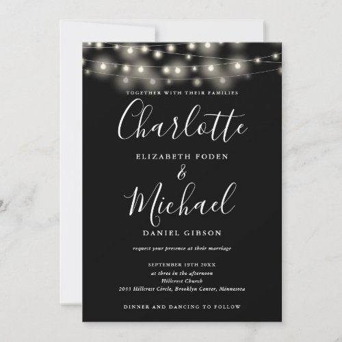 String Lights Script Black White QR Code Wedding Invitation