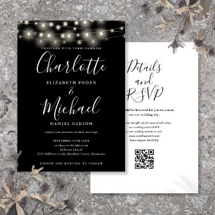String Lights Script Black White QR Code Wedding Invitation