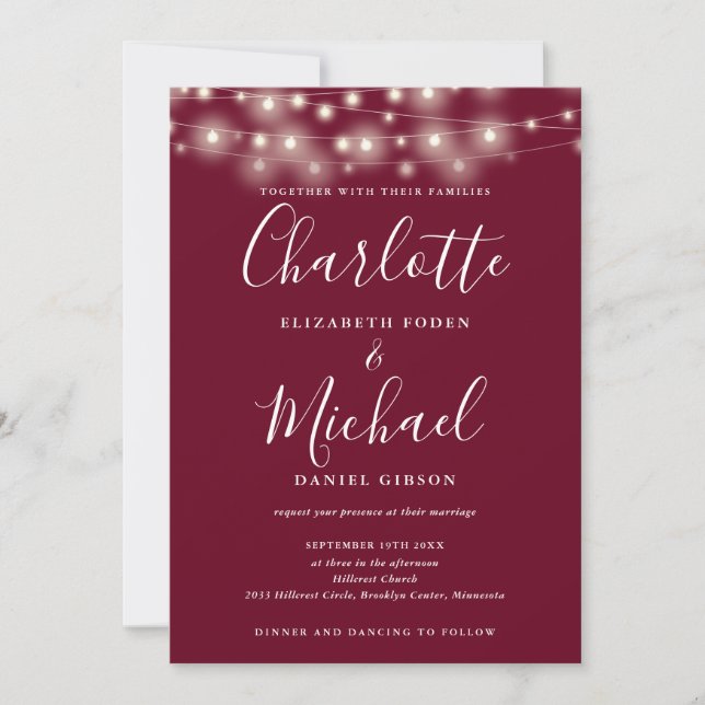 String Lights Script Burgundy QR Code Wedding Invitation (Front)