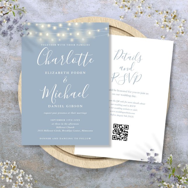 String Lights Script Dusty Blue QR Code Wedding Invitation (String Lights Script Dusty Blue QR Code Wedding Invitation)