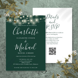 String Lights Script Emerald Green QR Code Wedding Invitation