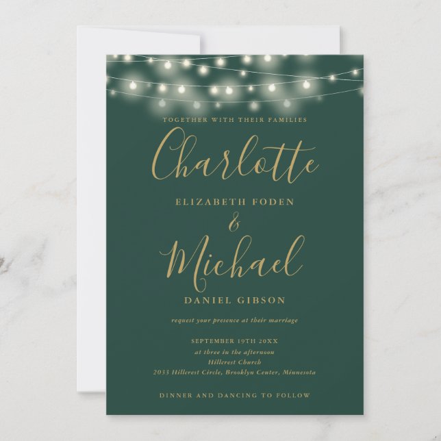 String Lights Script Green Gold QR Code Wedding Invitation (Front)