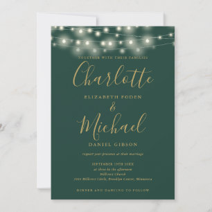 String Lights Script Green Gold QR Code Wedding Invitation